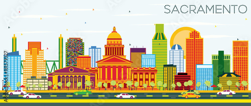 Sacramento USA Skyline with Color Buildings and Blue Sky.