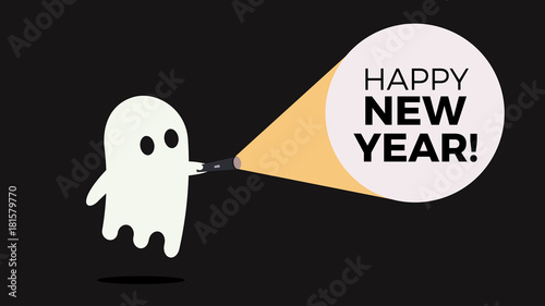 Cute ghost character just found out the Happy New Year message with his flashlight. New Year's eve approaching. Vector creative concept illustration
