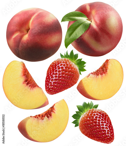 Peach slices and strawberry set isolated on white background