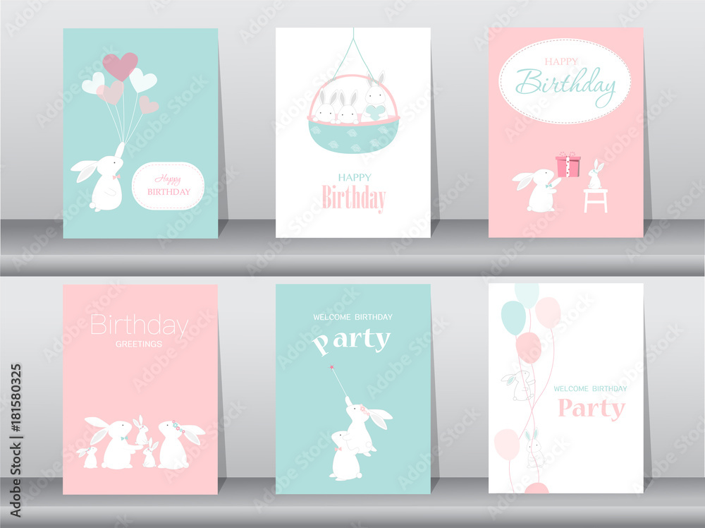 Set of birthday cards,poster,invitation cards,template,greeting cards,animals,rabbit,cute vector,Vector illustrations