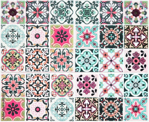 Colorful vintage ceramic tiles wall decoration.Turkish ceramic tiles wall background