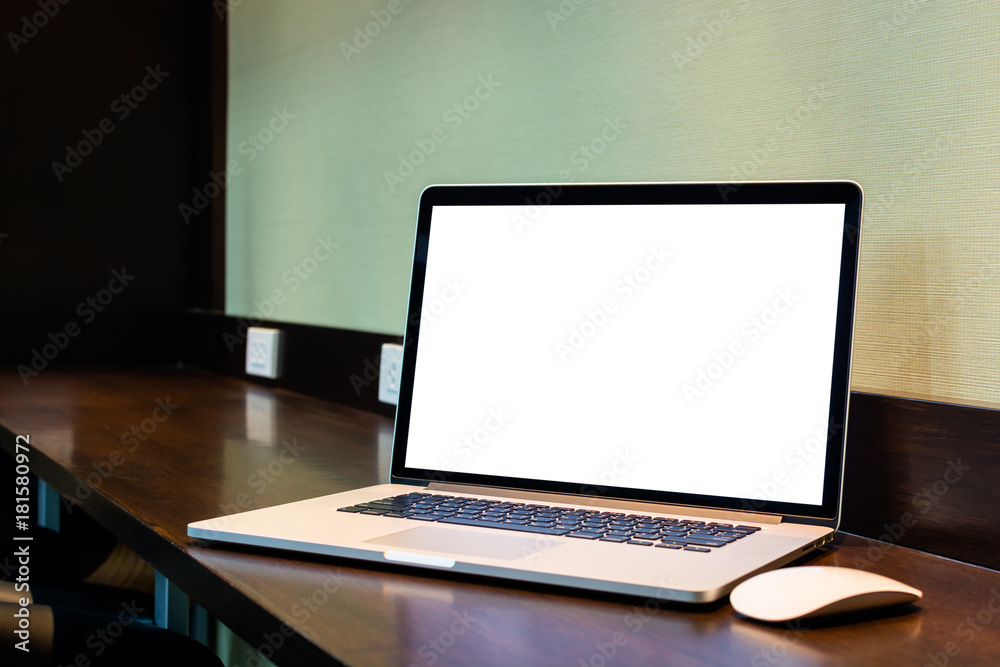 Blank screen laptop on wooden counter. Selective focus. Blank screen laptop on wooden counter. Selective focus.