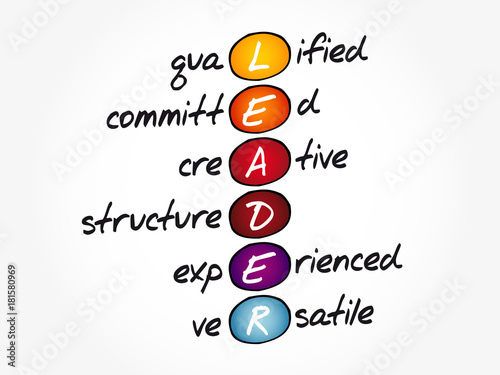 LEADER - Qualified, Committed, Creative, Structured, Experienced, Versatile acronym, business concept background