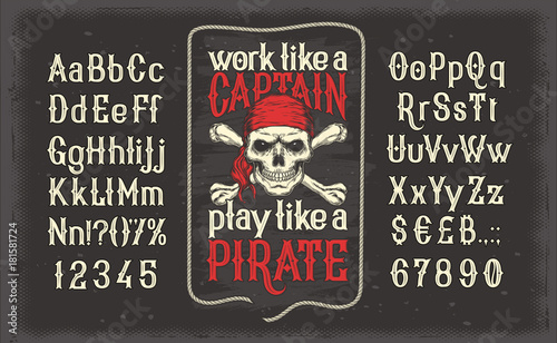 Vector illustration of a vintage Latin alphabet alphabet of letters and numbers with a frame and a pirate skull in a red bandana. Template, design element.