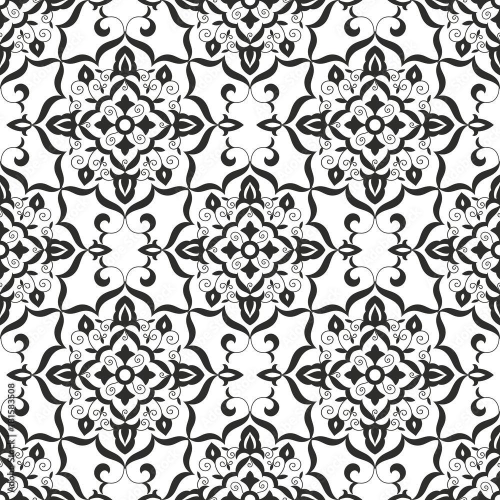 Baroque floral pattern vector seamless. Monochrome flower mandala background texture. Damask ornament design for wallpaper, textile, fabric, backdrop, carpet, bed linen, tablecloth, wrapping paper.