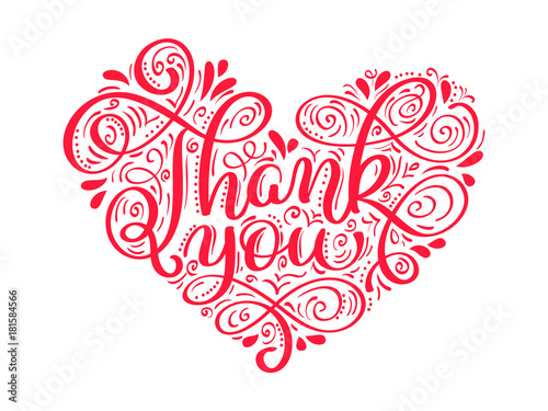 texts Thank you in the shape of a heart hand written calligraphy lettering. handmade vector illustration. Fun brush ink typography for photo overlays, t-shirt print, flyer, poster design