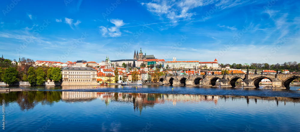 Charles bridge over Vltava river and Gradchany Prague Castle a