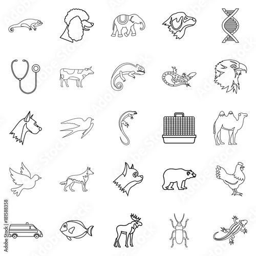 Animal care icons set, outline style