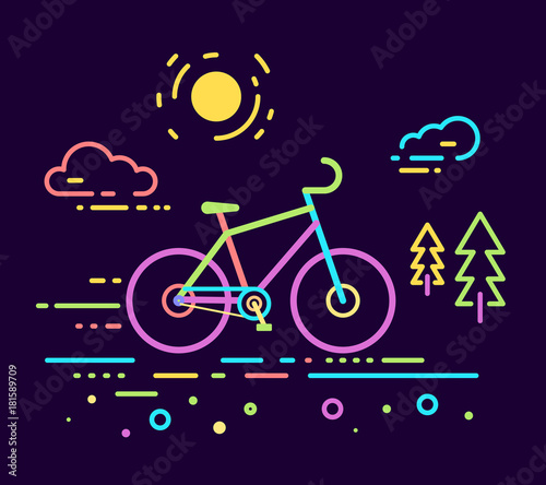 Vector neon color illustration of bicycle on dark outdoor background with road, fir trees and sun. Bike journey concept.