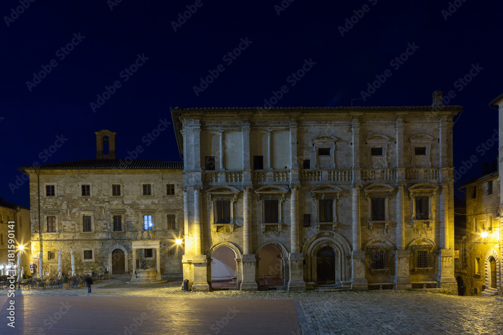 Palazzo Tarugi is in the main square of Montepulciano in night, in Italian province of Siena in southern Tuscany.