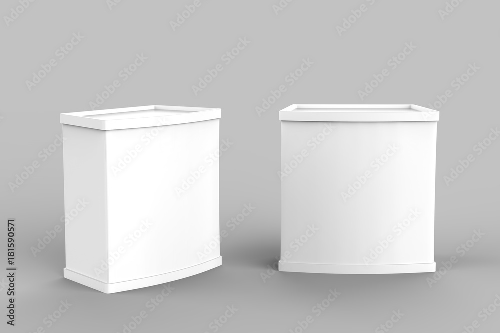 White blank advertising POS POI PVC Promotion counter booth, Retail Trade Stand Isolated on the white background. Mock Up Template For Your Design. 3D illustration White blank advertising POS POI PVC Promotion counter booth, Retail Trade Stand Isolated on the white background. Mock Up Template For Your Design. 3D illustration