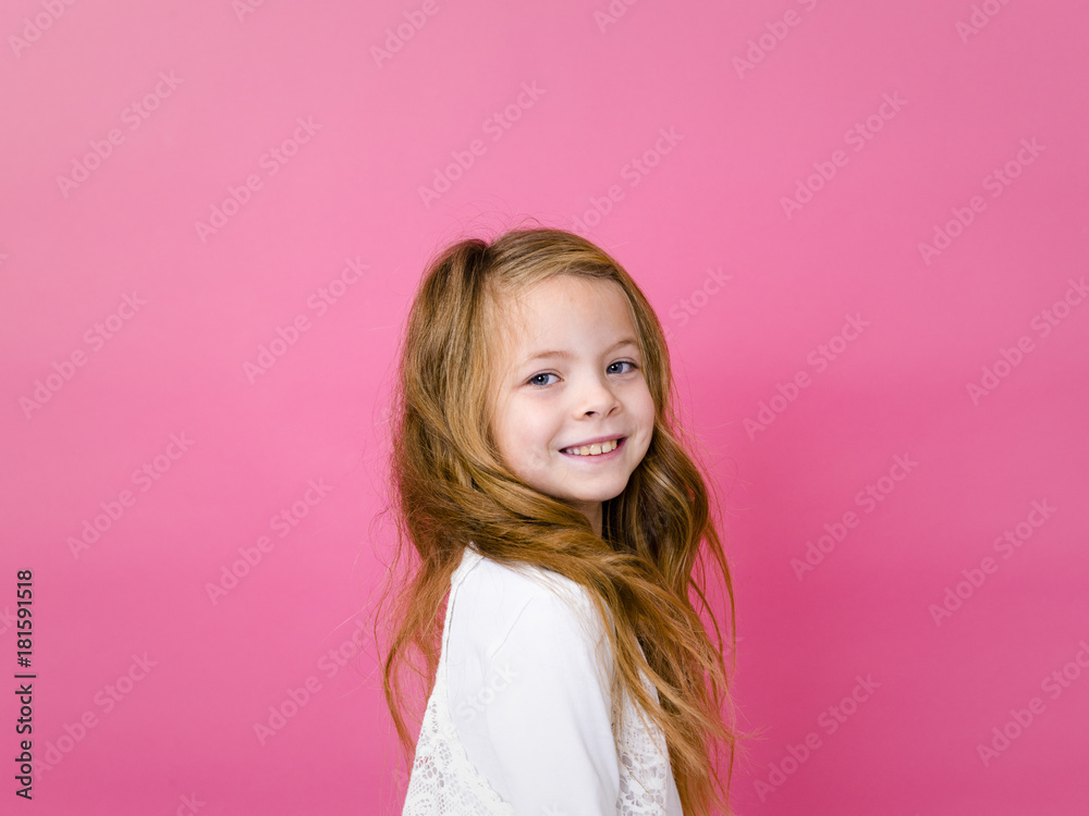 portrait of blond pretty girl in front of pink background with different emotions