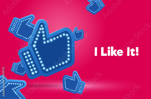 Icons like social network are falling down. Hand, big finger up on pink background. I like it!