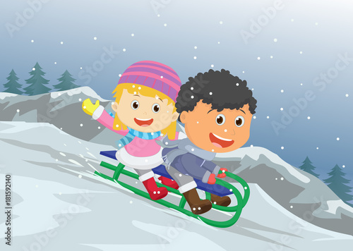 illustration of happy kids playing sledge