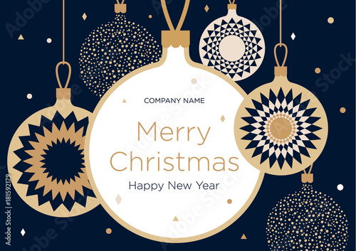 Christmas greeting banner or card. Golden Christmas balls on a dark blue background. New Year's design template with a window for text. Vector flat. Horizontal format