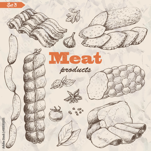 Vector set of isolated meat products