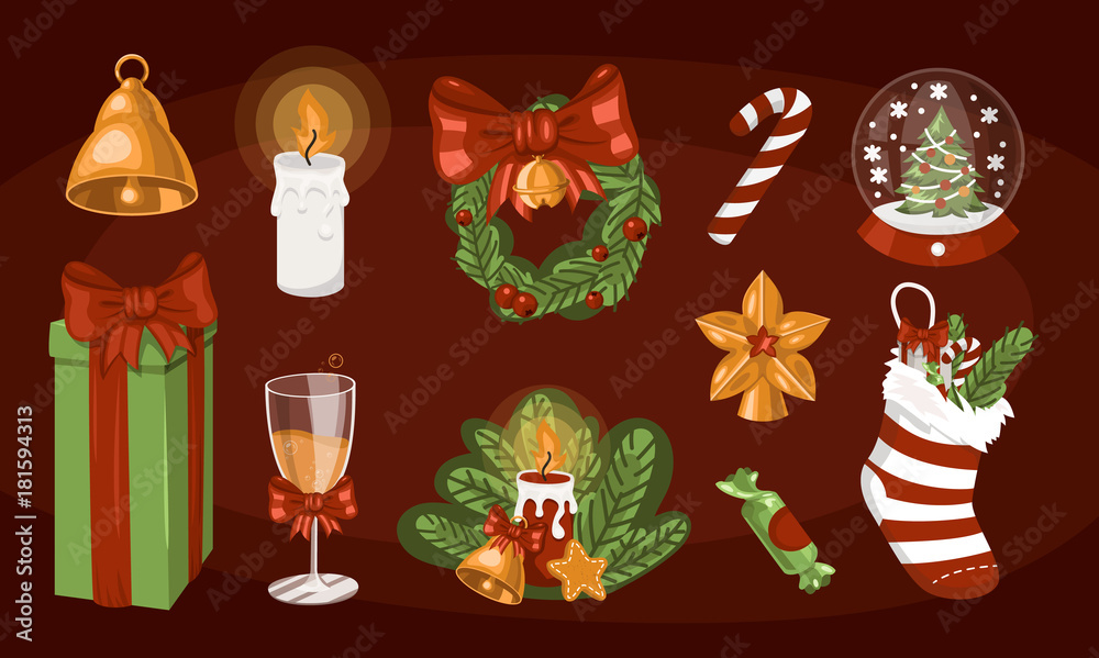 Naklejka premium Cute gift boxes, presents for Christmas holidays, christmas socks, champagne celebration, candle, star, snow globe, wreath, bell, candy cane. Vector illustration elements
