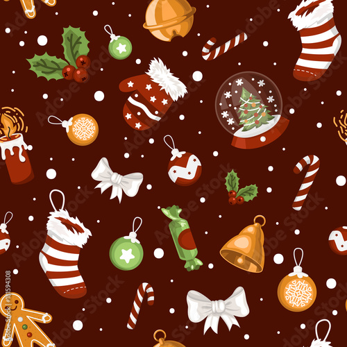 Presents for Christmas holidays, christmas socks, champagne celebration, candle, star, snow globe, bow, bell, candy cane. Vector illustration seamless pattern