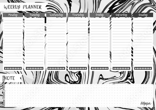 Black and white liquid texture, marbling printable weekly planner. Cute page for notes. Notebooks, decals, diary, school accessories. Cute abstract vector page.