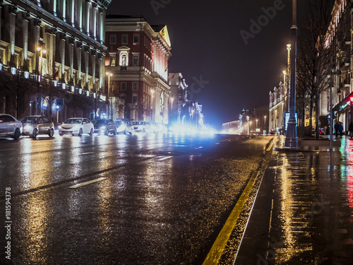 night city traffic buildings dark street road highway car architecture © Mihail