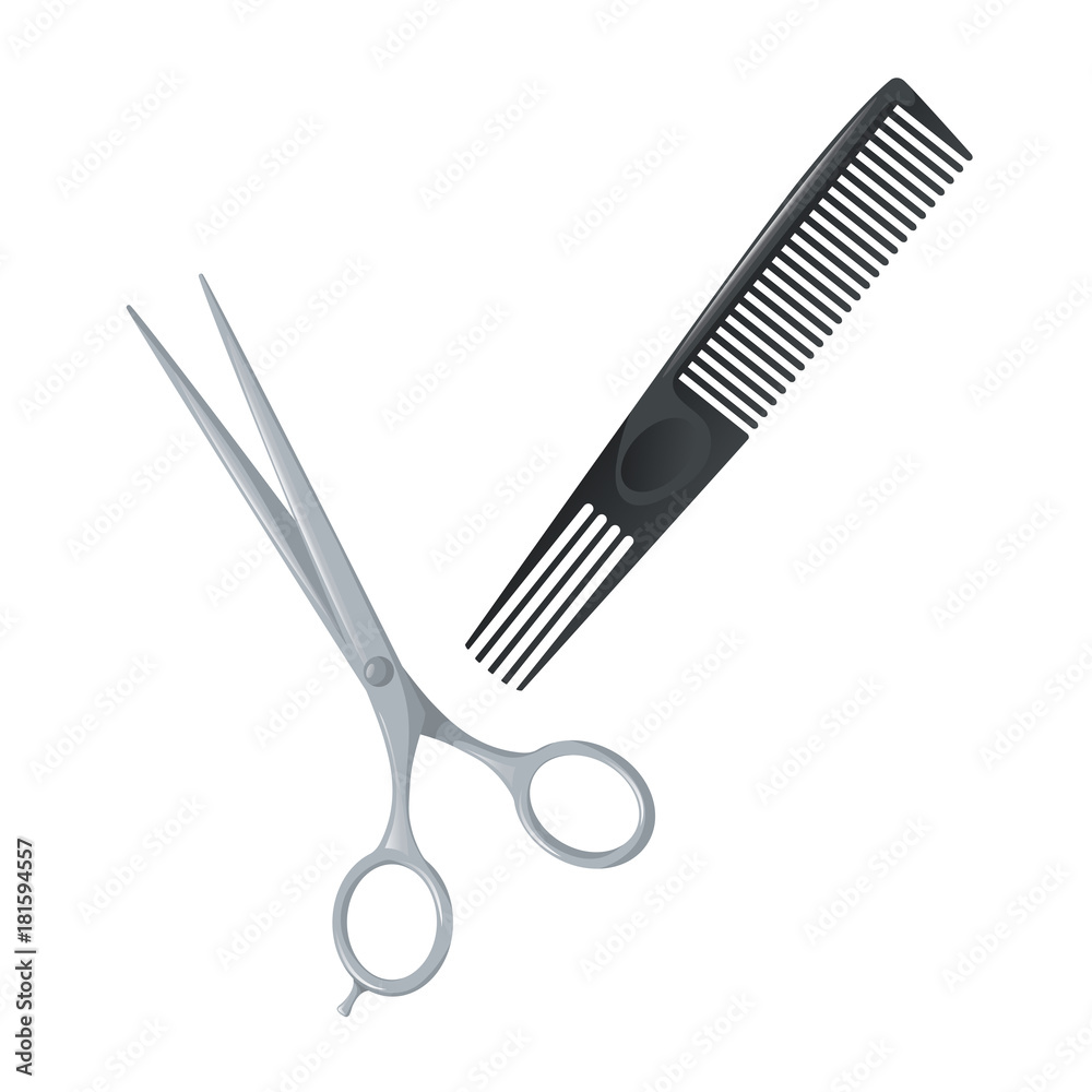 Salon hair accessories set. Metal hair cut scissors and black plastic styling comb with special long teeth. Vector trendy illustration icons. Salon hair accessories set. Metal hair cut scissors and black plastic styling comb with special long teeth. Vector trendy illustration icons.