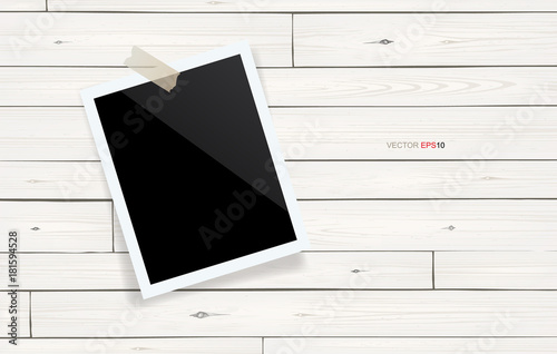 Blank photo frame or picture frame stick on white wooden wall. Vector illustration.