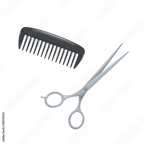 Salon hair accessories set. Metal hair cut scissors and black plastic styling comb. Vector trendy illustration icons.