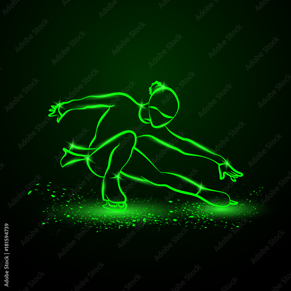 Fototapeta premium Figure skating neon illustration. The girl on skates performs her dance.