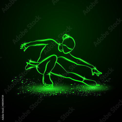 Figure skating neon illustration. The girl on skates performs her dance.