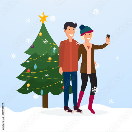 Young couple taking a selfie on the background of a Christmas tree. Cartoon man and woman. Concept of friendship and fun with new trends and technology. Vector people.