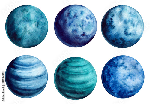 Space Set of Watercolor Bright Blue Planets
