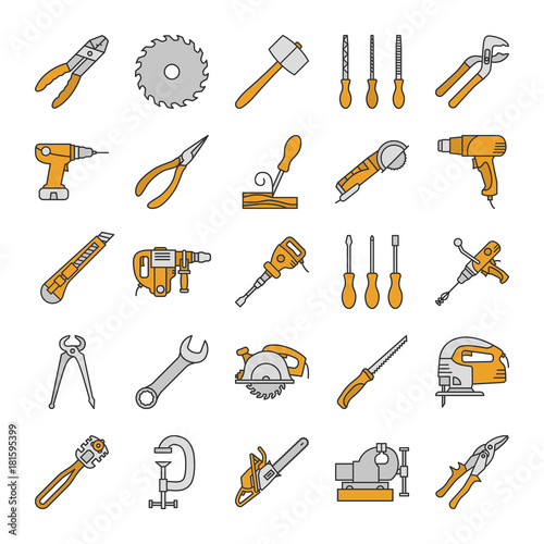 Construction tools color icons set