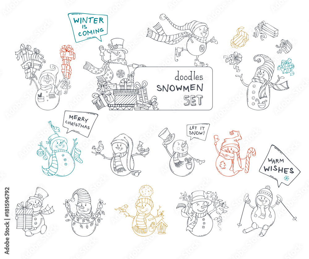 Vector set of cute doodles snowmen. Vector set of cute doodles snowmen.