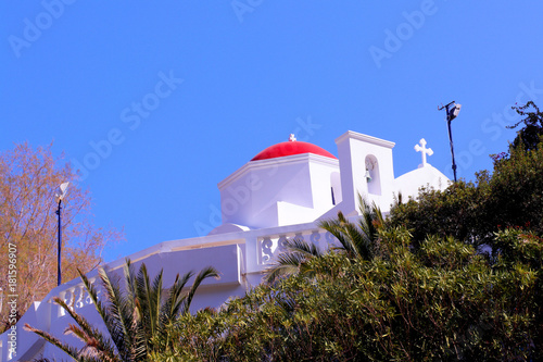 beautiful orthodox church with red dome in Kyra Panagia Beach