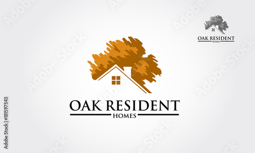 Oak Resident Home Vector Logo Illustration.  Vector logo design template of oak tree and house that made from a simple scratch. it's good for symbolize a property.