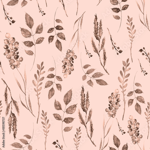  Watercolor seamless pattern, background with a floral pattern. Illustration - Branch, wild grass, plant, flower, berry, red leaf, green leaf. Vintage pattern on a beige, pink, brown background. 
