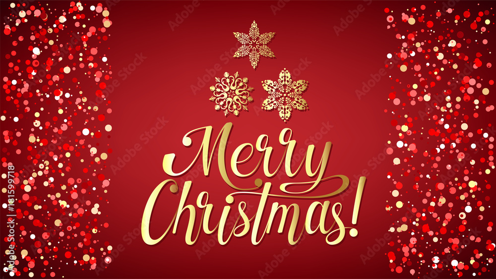 Merry Christmas background with lettering and snowflakes, light, stars. Gold gradient text on red ground. For greeting and congratulation cards, banner. Vector Illustration.