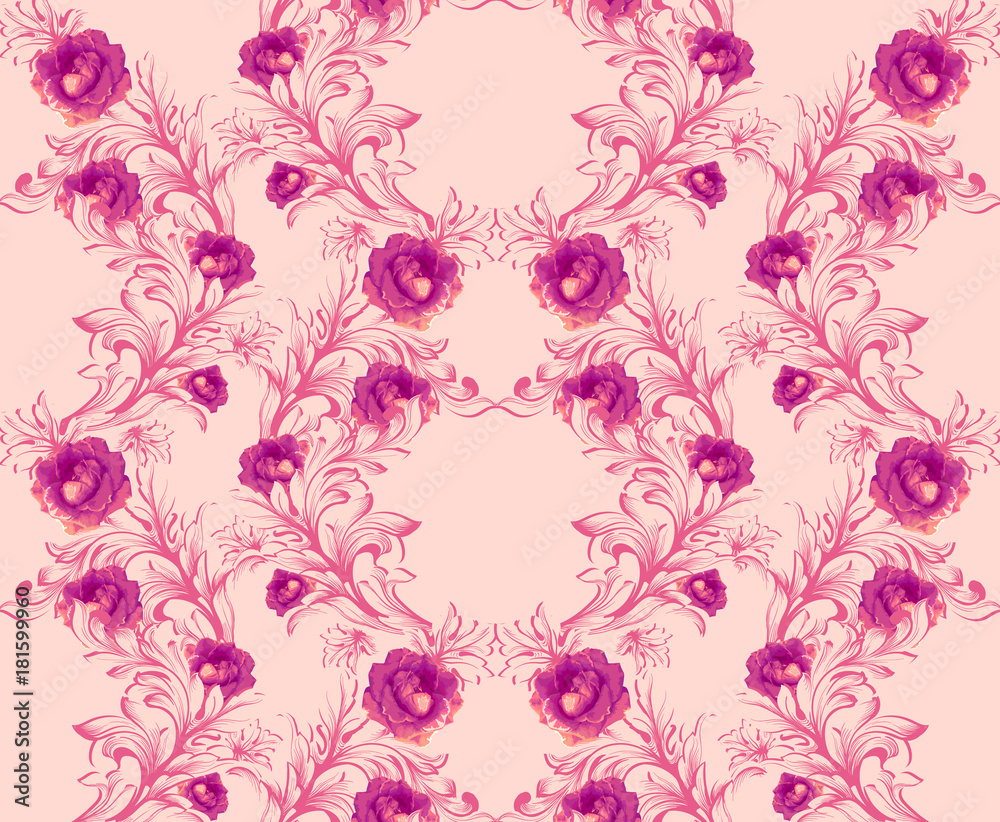 Damask pattern with rose flowers Vector illustration handmade ornament decor. Baroque background textures
