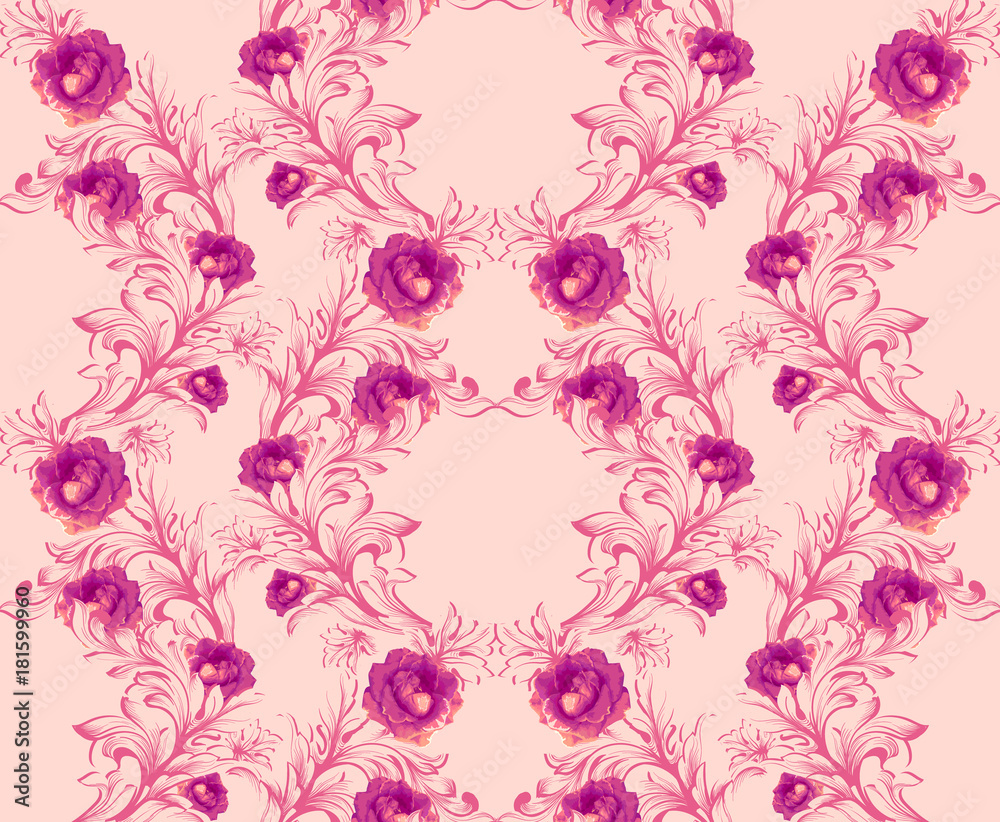 Obraz premium Damask pattern with rose flowers Vector illustration handmade ornament decor. Baroque background textures