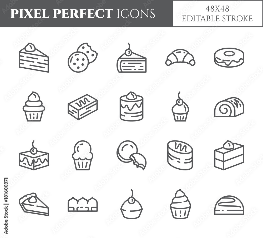 Cakes and cookies theme pixel perfect thin line icons. Set of elements of pie, brownie, biscuit, tiramisu, roll and other dessert related pictograms. 48x48 pixels. Editable stroke