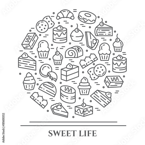Cakes and cookies theme horizontal banner. Pictograms of pie  brownie  biscuit  tiramisu  roll and other dessert related elements Line out symbols Simple silhouette Editable stroke