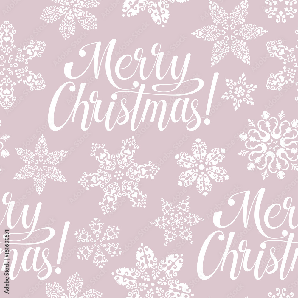 Seamless background pattern with Merry Christmas lettering and openwork snowflakes. Vector illustration.