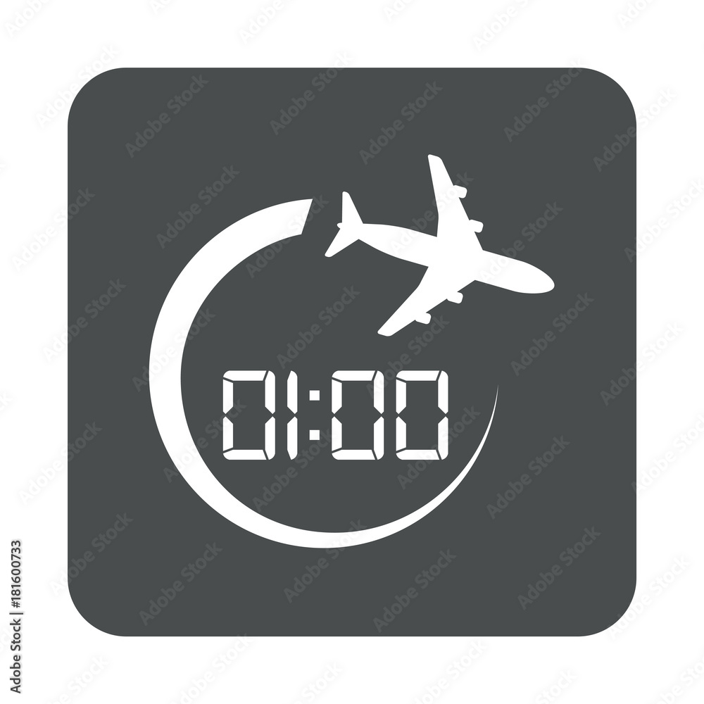 Icono plano 01:00 avion girando en cuadrado gris Icono plano 01:00 avion girando en cuadrado gris