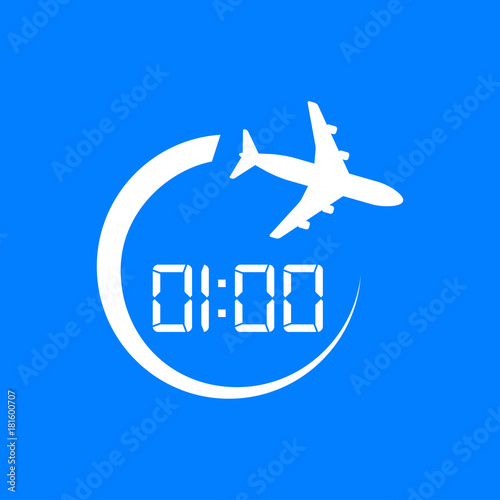 Icono plano 01:00 avion girando blanco en fondo azul