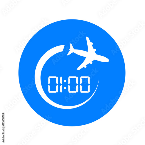 Icono plano 01:00 avion girando en circulo azul