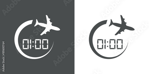 Icono plano 01:00 avion girando gris y blanco