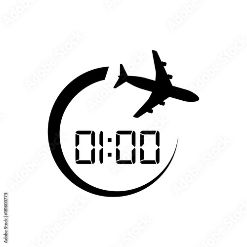 Icono plano 01:00 avion girando negro en fondo blanco