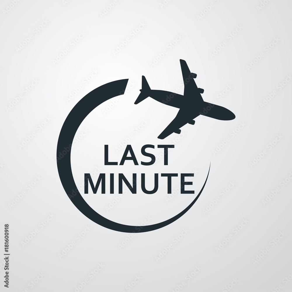 Icono plano LAST MINUTE avion girando en fondo degradado