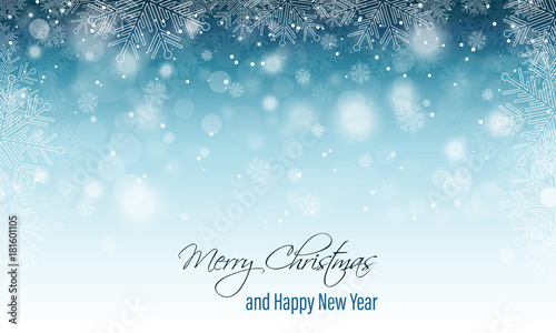 Merry Christmas greeting card. Happy New Year banner. Winter scenery with blurred background, snowfall and snowflakes. Vector design.