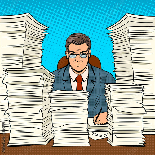 Businessman with piles of papers pop art vector